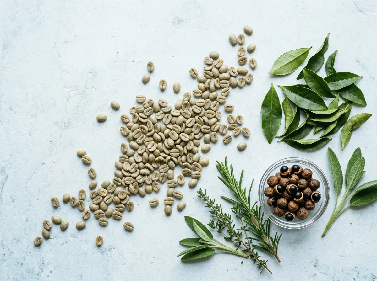 Green coffee beans, green tea leaves and guarana seeds - botanical ingredients for everyday energy supplement