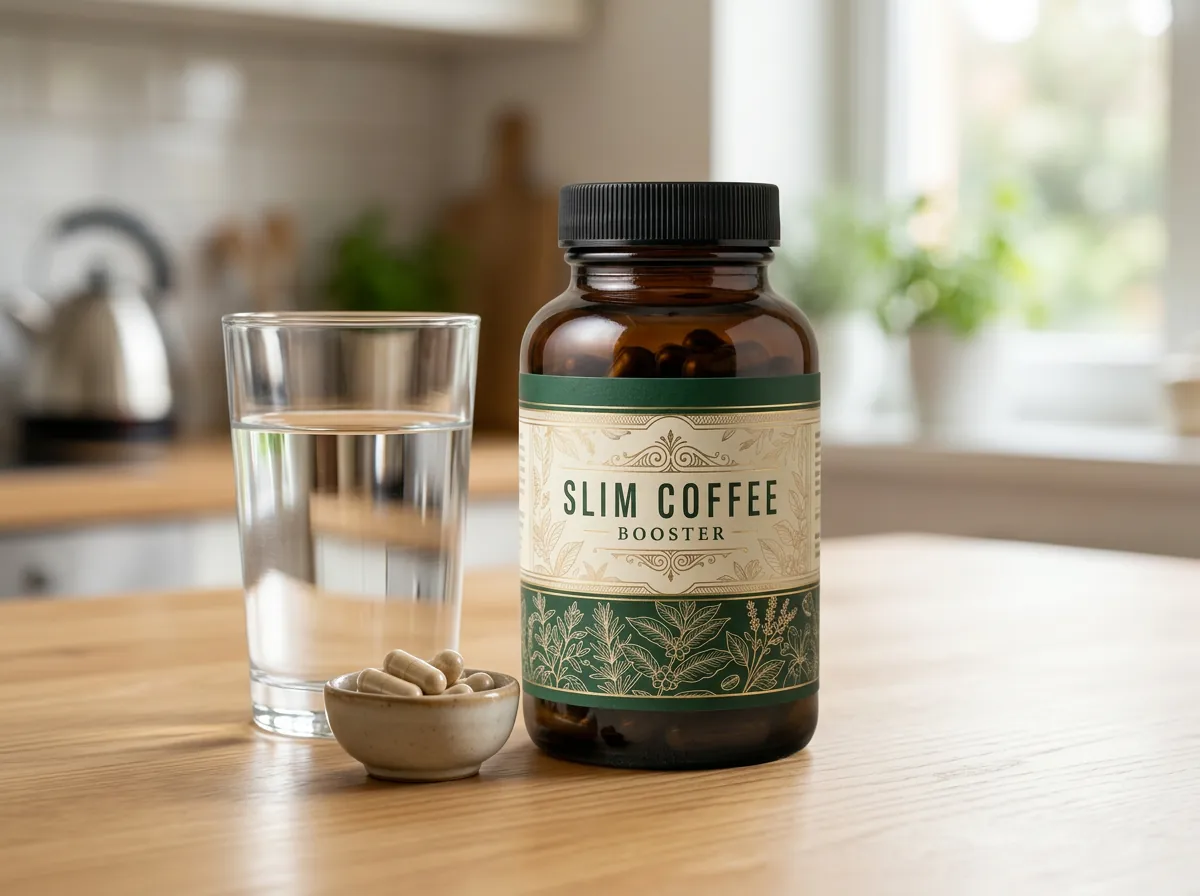 Slim Coffee Booster box with steaming mug and herbs - morning routine product lifestyle shot